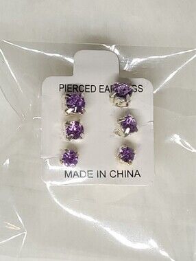 $1 | Purple | Multi‑Size 3‑Pair Rhinestone Stud Earring Set